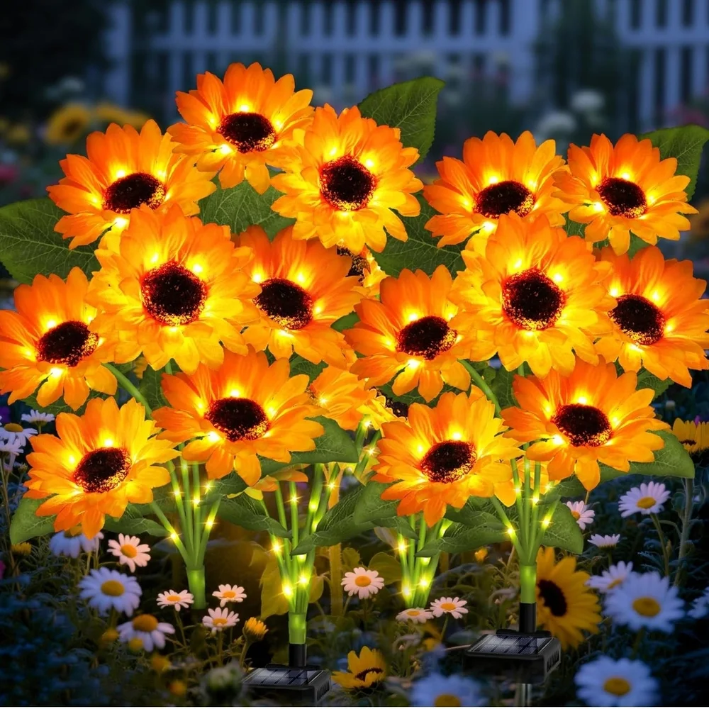 Solar-Powered Sunflower Garden Lights 4 Pack 24 Sunflower Lights,